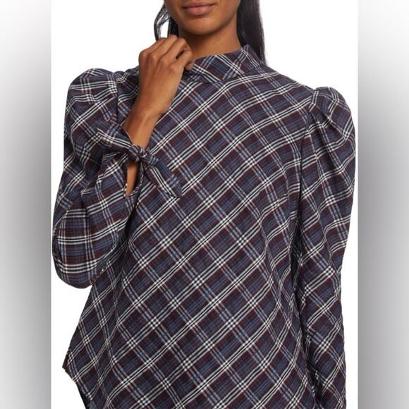 Veronica Beard Isabel Reversed Plaid Blouse Wine Puff Sleeve Blouse Size 0 - Picture 4 of 12